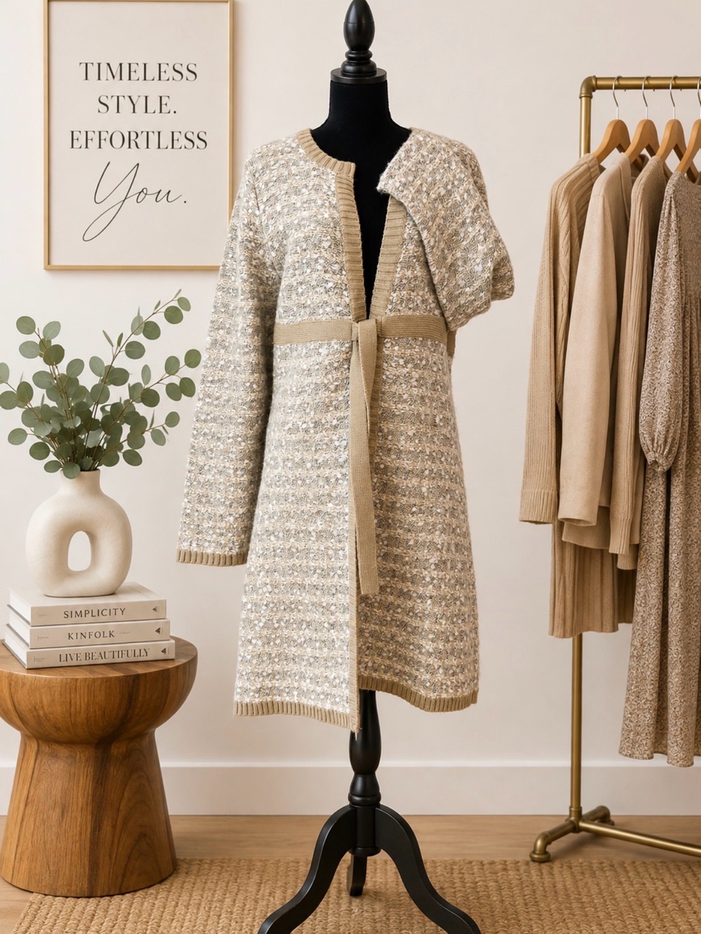 I.E. RELAXED Beige/Gray/Cream Knit/Wool Long Open Front Cardigan with Belt